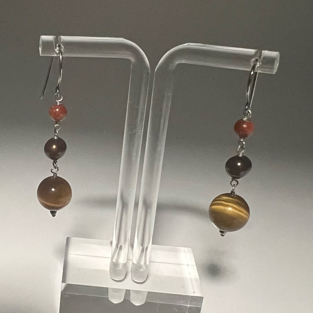 Sterling Silver Dangle Earrings w/ Tiger’s Eye, chocolate pearl & Sandstone gems